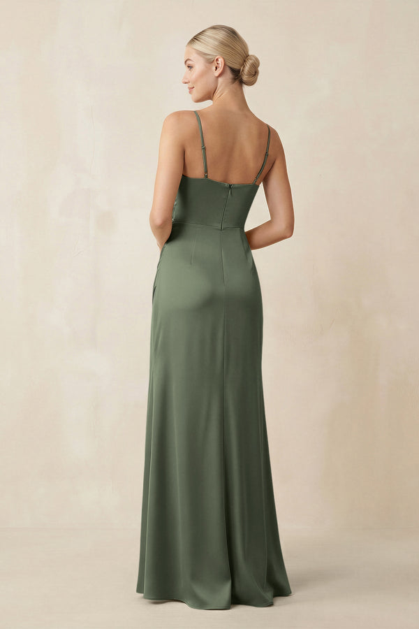 Cami Strap Ruched Satin Sheath Bridesmaid Dress in Thyme - KissProm Bridesmaid Dresses
