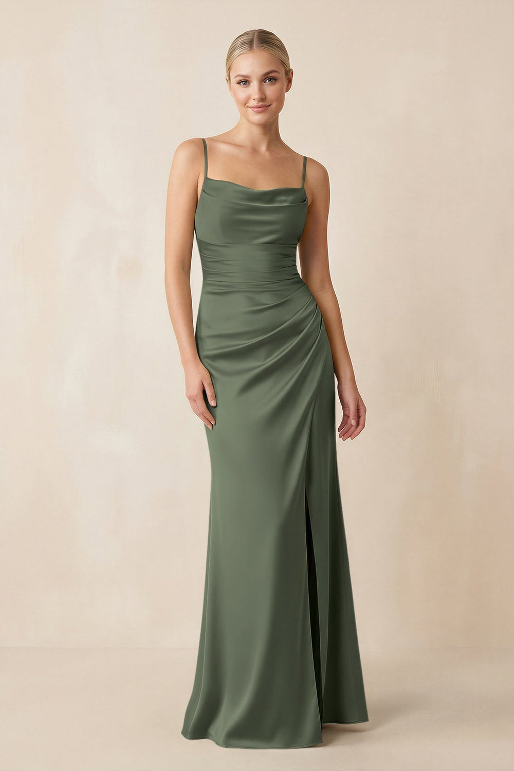 Cami Strap Ruched Satin Sheath Bridesmaid Dress in Thyme - KissProm Bridesmaid Dresses