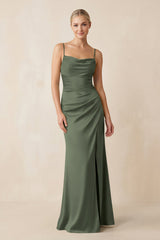 Cami Strap Ruched Satin Sheath Bridesmaid Dress in Thyme - KissProm Bridesmaid Dresses