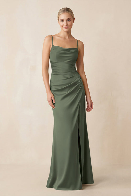 Cami Strap Ruched Satin Sheath Bridesmaid Dress in Thyme - KissProm Bridesmaid Dresses