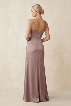 Cami Strap Ruched Satin Sheath Bridesmaid Dress in Toffee - KissProm Bridesmaid Dresses