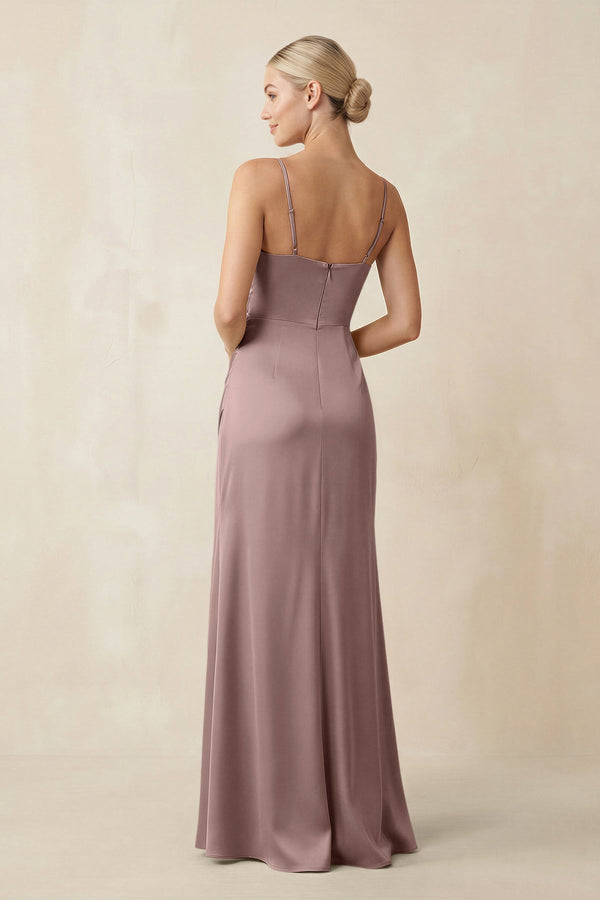 Cami Strap Ruched Satin Sheath Bridesmaid Dress in Toffee - KissProm Bridesmaid Dresses