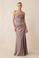 Cami Strap Ruched Satin Sheath Bridesmaid Dress in Toffee - KissProm Bridesmaid Dresses