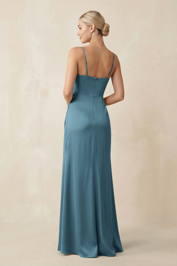 Cami Strap Ruched Satin Sheath Bridesmaid Dress in Twilight - KissProm Bridesmaid Dresses