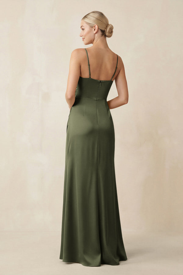 Cami Strap Ruched Satin Sheath Bridesmaid Dress in Willow Green - KissProm Bridesmaid Dresses