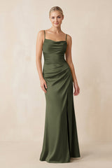 Cami Strap Ruched Satin Sheath Bridesmaid Dress in Willow Green - KissProm Bridesmaid Dresses
