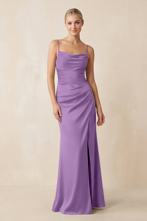 Cami Strap Ruched Satin Sheath Bridesmaid Dress in Wisteria - KissProm Bridesmaid Dresses
