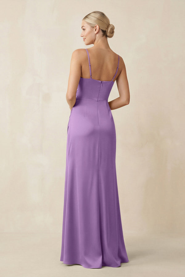 Cami Strap Ruched Satin Sheath Bridesmaid Dress in Wisteria - KissProm Bridesmaid Dresses