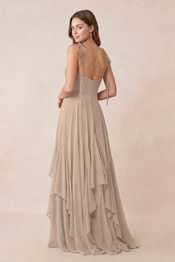 Cami Strap Ruffled A - Line Chiffon Bridesmaid Dress in Almond - KissProm Bridesmaid Dresses