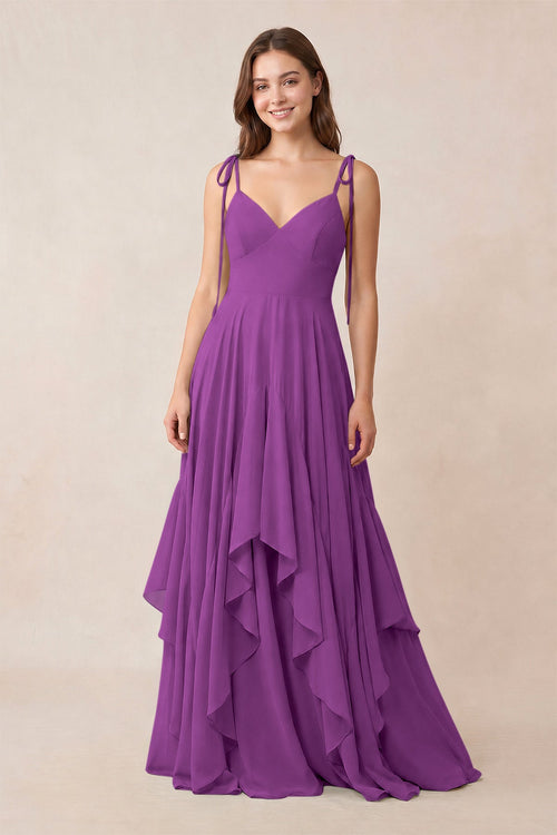 Cami Strap Ruffled A - Line Chiffon Bridesmaid Dress in Amethyst - KissProm Bridesmaid Dresses
