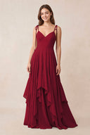 Cami Strap Ruffled A - Line Chiffon Bridesmaid Dress in Berry - KissProm Bridesmaid Dresses