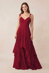 Cami Strap Ruffled A - Line Chiffon Bridesmaid Dress in Berry - KissProm Bridesmaid Dresses