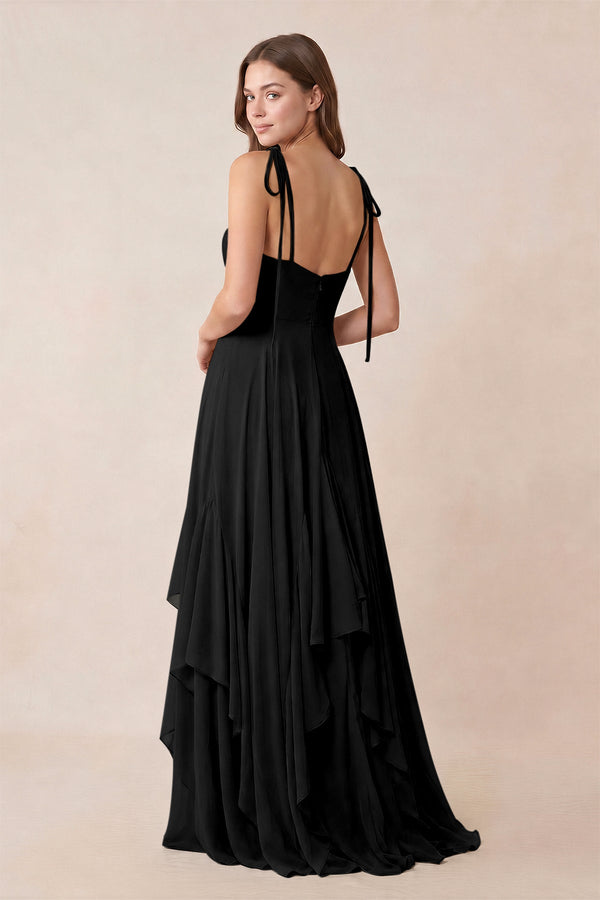 Cami Strap Ruffled A - Line Chiffon Bridesmaid Dress in Black - KissProm Bridesmaid Dresses