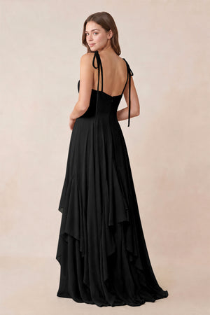 Cami Strap Ruffled A - Line Chiffon Bridesmaid Dress in Black - KissProm Bridesmaid Dresses