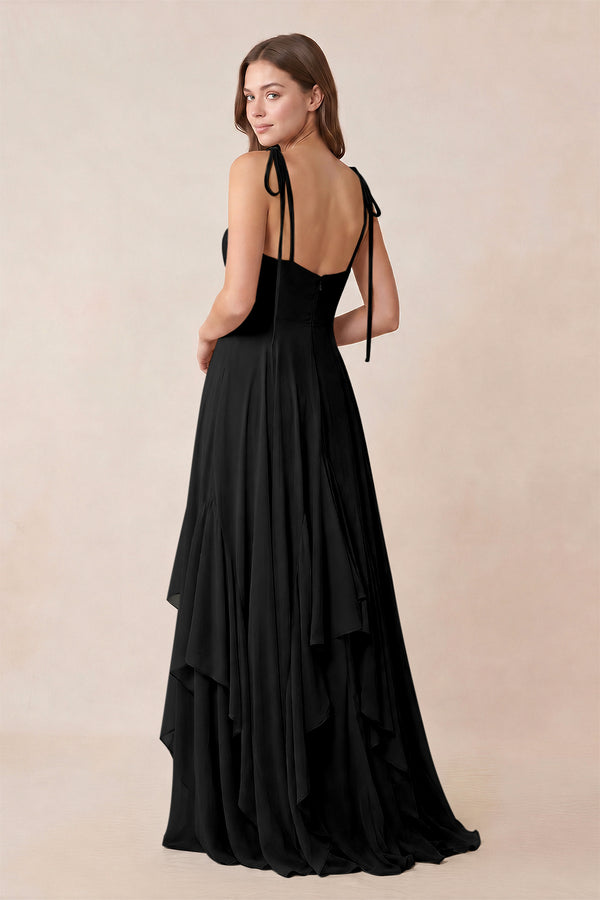 Cami Strap Ruffled A - Line Chiffon Bridesmaid Dress in Black - KissProm Bridesmaid Dresses