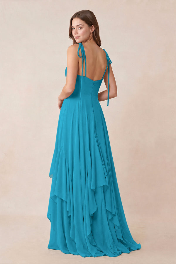 Cami Strap Ruffled A - Line Chiffon Bridesmaid Dress in Blue Jay - KissProm Bridesmaid Dresses
