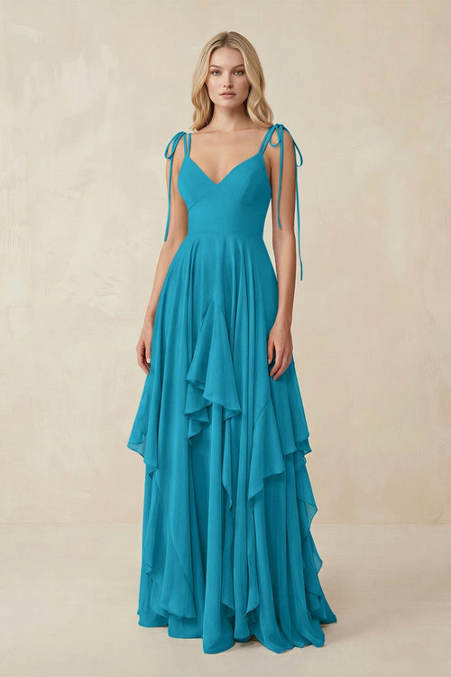 Cami Strap Ruffled A-Line Chiffon Bridesmaid Dress in Blue Jay