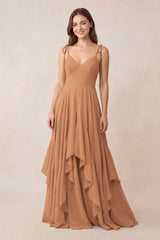 Cami Strap Ruffled A - Line Chiffon Bridesmaid Dress in Bronzer - KissProm Bridesmaid Dresses