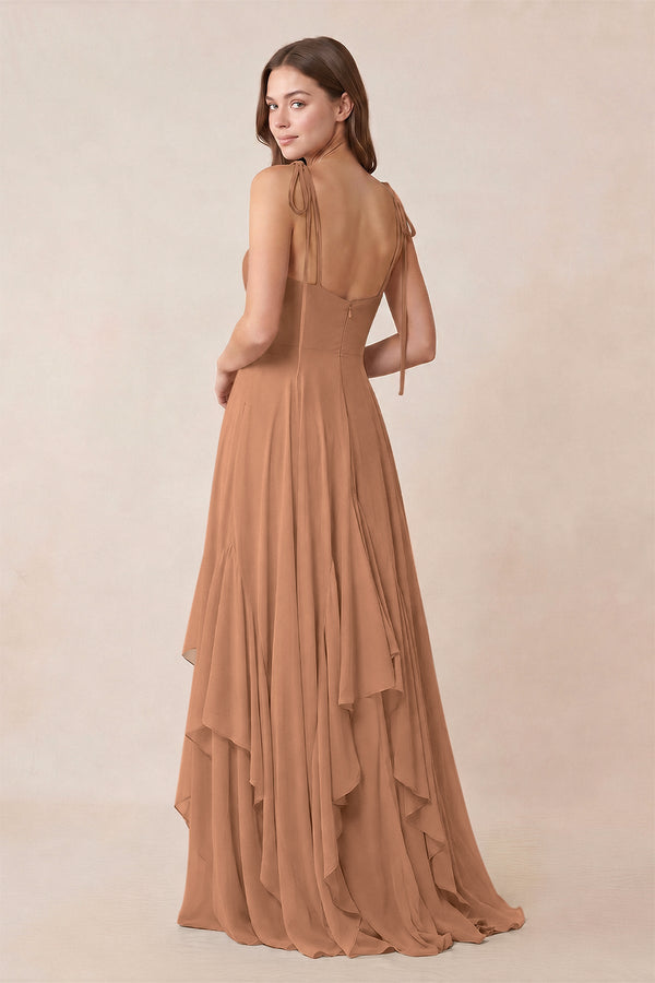 Cami Strap Ruffled A - Line Chiffon Bridesmaid Dress in Bronzer - KissProm Bridesmaid Dresses