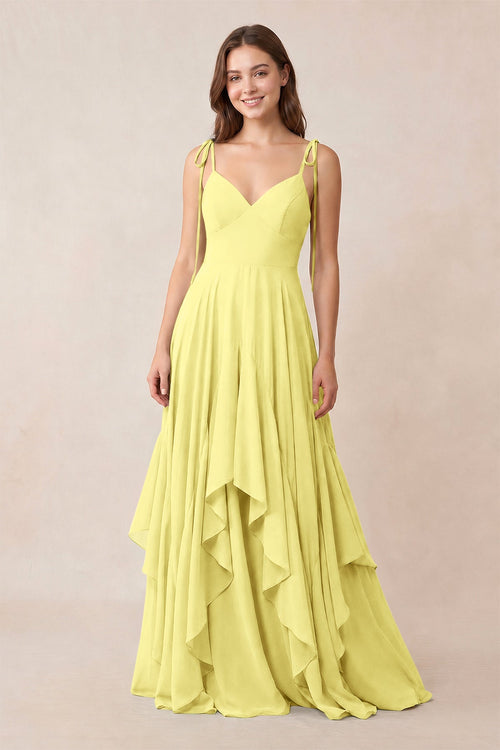 Cami Strap Ruffled A - Line Chiffon Bridesmaid Dress in Buttercup - KissProm Bridesmaid Dresses