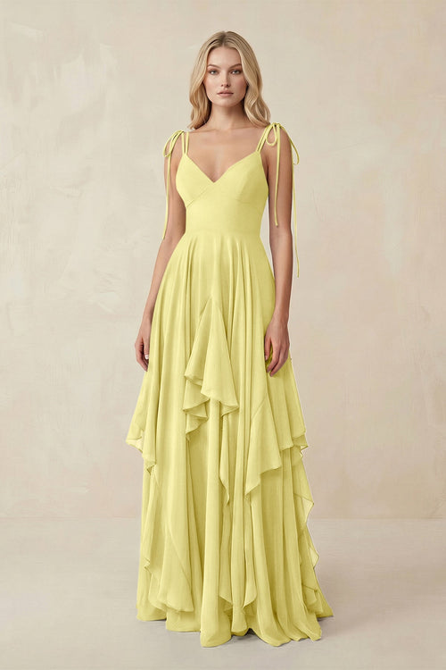Cami Strap Ruffled A - Line Chiffon Bridesmaid Dress in Buttercup - KissProm Bridesmaid Dresses