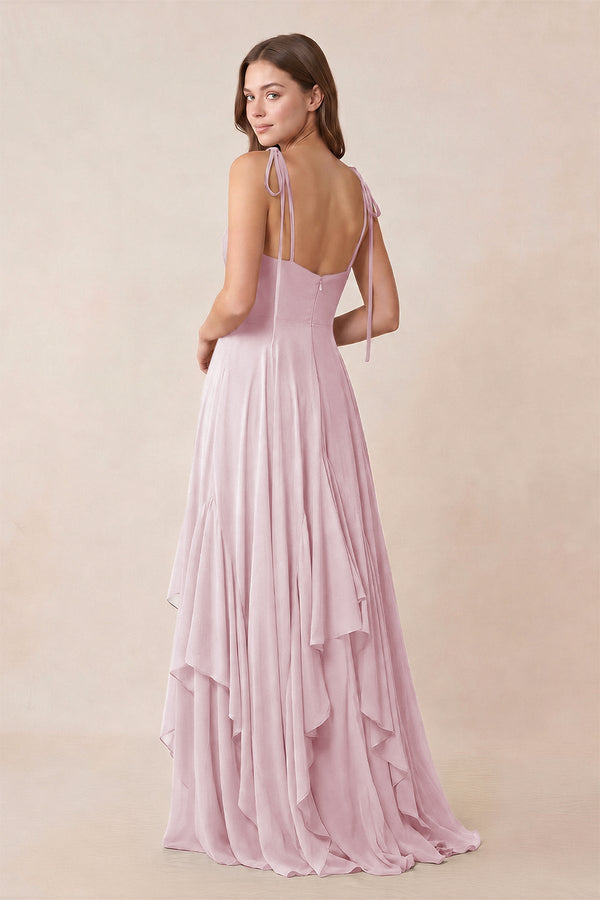 Cami Strap Ruffled A - Line Chiffon Bridesmaid Dress in Candy Pink - KissProm Bridesmaid Dresses