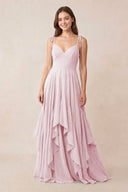 Cami Strap Ruffled A - Line Chiffon Bridesmaid Dress in Candy Pink - KissProm Bridesmaid Dresses
