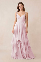 Cami Strap Ruffled A - Line Chiffon Bridesmaid Dress in Candy Pink - KissProm Bridesmaid Dresses