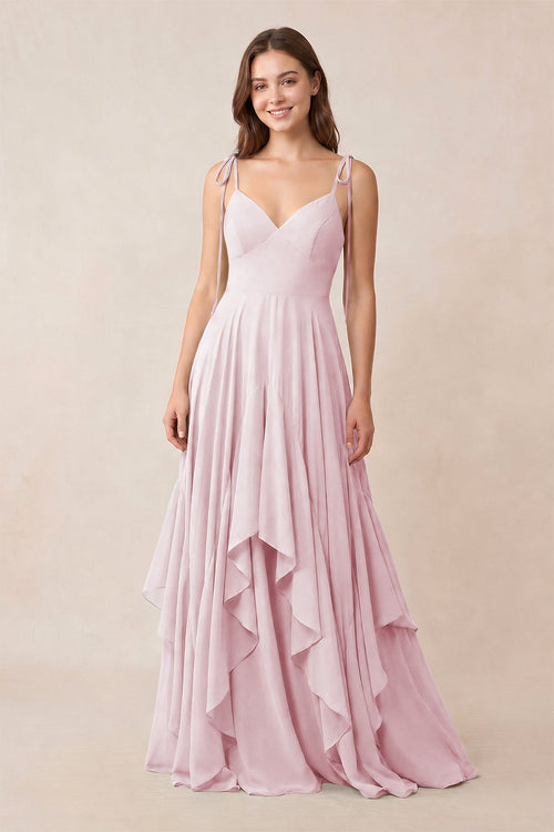 Cami Strap Ruffled A - Line Chiffon Bridesmaid Dress in Candy Pink - KissProm Bridesmaid Dresses
