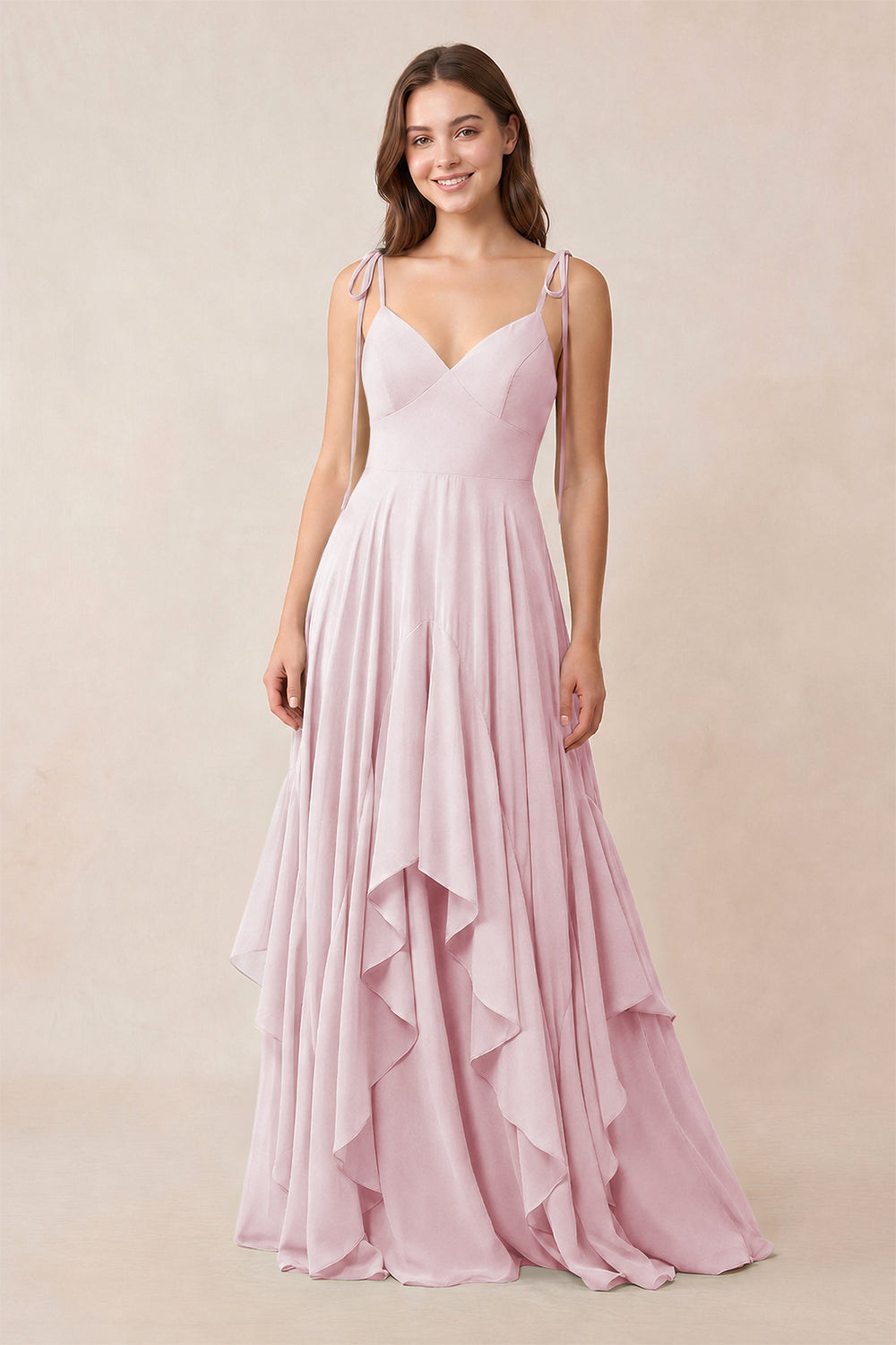 Cami Strap Ruffled A - Line Chiffon Bridesmaid Dress in Candy Pink - KissProm Bridesmaid Dresses