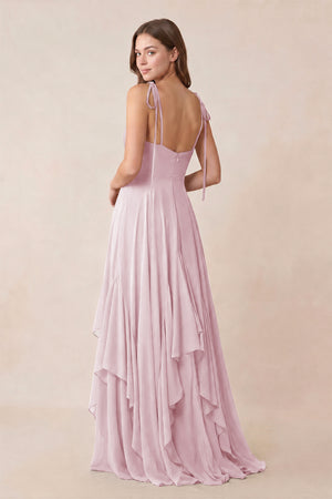 Cami Strap Ruffled A - Line Chiffon Bridesmaid Dress in Candy Pink - KissProm Bridesmaid Dresses