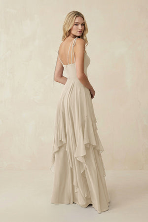 Cami Strap Ruffled A - Line Chiffon Bridesmaid Dress in Champagne - KissProm Bridesmaid Dresses