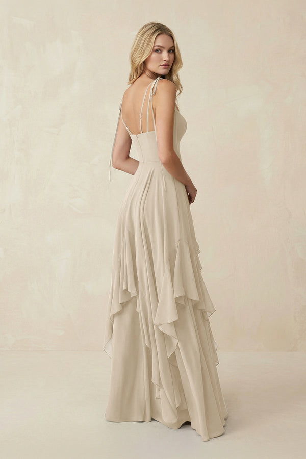 Cami Strap Ruffled A - Line Chiffon Bridesmaid Dress in Champagne - KissProm Bridesmaid Dresses