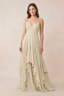 Cami Strap Ruffled A - Line Chiffon Bridesmaid Dress in Champagne - KissProm Bridesmaid Dresses