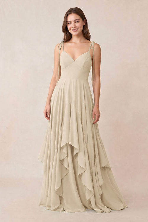 Cami Strap Ruffled A - Line Chiffon Bridesmaid Dress in Champagne - KissProm Bridesmaid Dresses