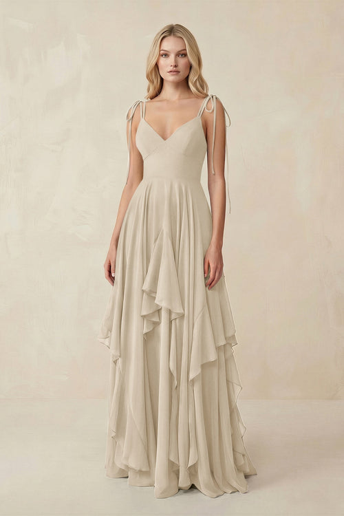 Cami Strap Ruffled A - Line Chiffon Bridesmaid Dress in Champagne - KissProm Bridesmaid Dresses