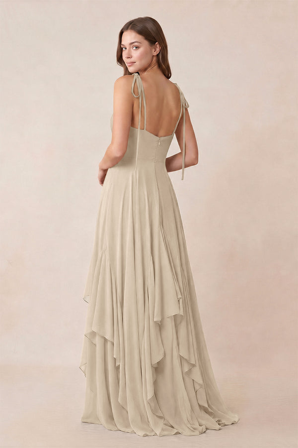 Cami Strap Ruffled A - Line Chiffon Bridesmaid Dress in Champagne - KissProm Bridesmaid Dresses