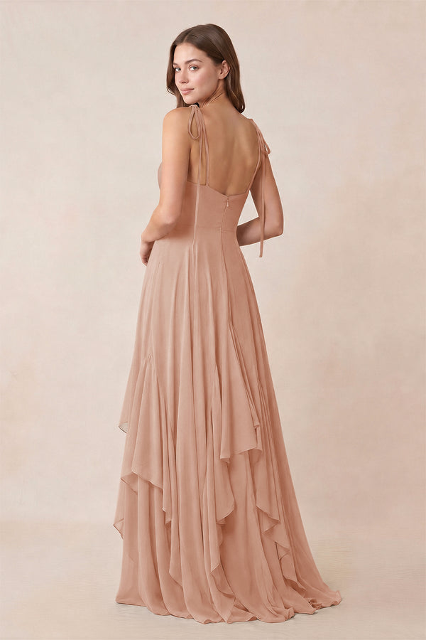 Cami Strap Ruffled A - Line Chiffon Bridesmaid Dress in Champagne Rose - KissProm Bridesmaid Dresses