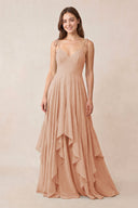 Cami Strap Ruffled A - Line Chiffon Bridesmaid Dress in Champagne Rose - KissProm Bridesmaid Dresses
