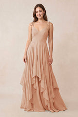 Cami Strap Ruffled A - Line Chiffon Bridesmaid Dress in Champagne Rose - KissProm Bridesmaid Dresses