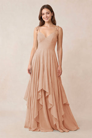 Cami Strap Ruffled A - Line Chiffon Bridesmaid Dress in Champagne Rose - KissProm Bridesmaid Dresses