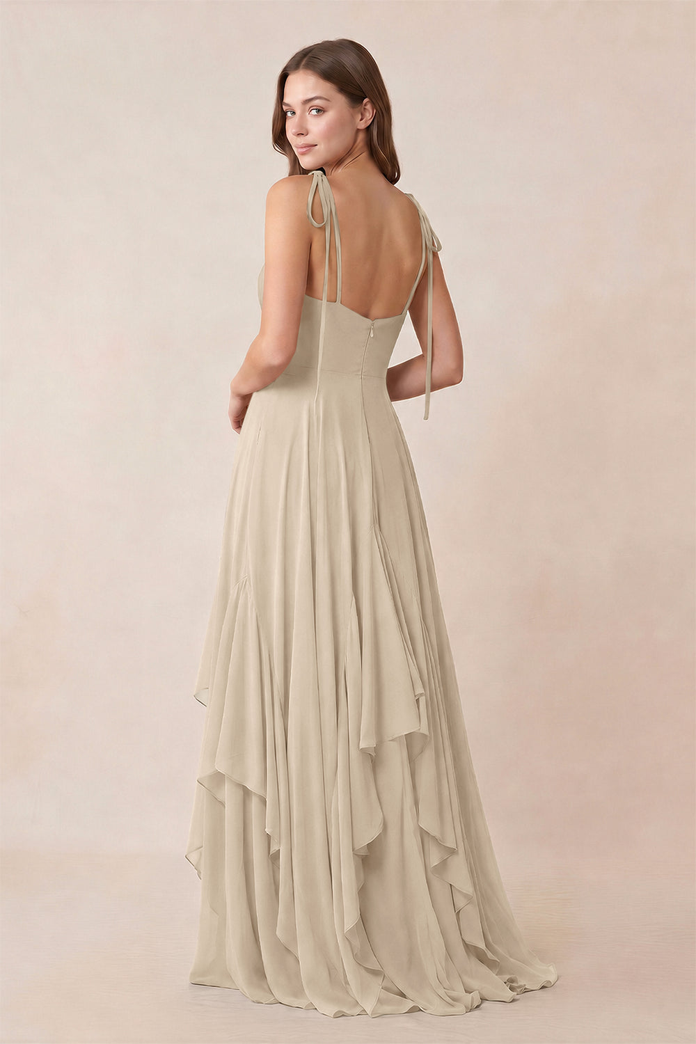 Cami Strap Ruffled A - Line Chiffon Bridesmaid Dress in Champagne - KissProm Bridesmaid Dresses