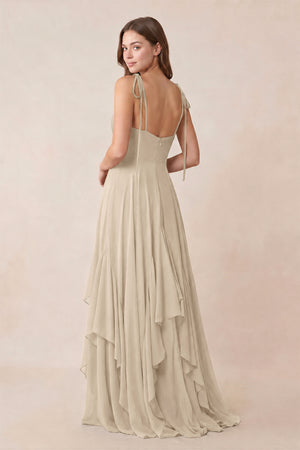 Cami Strap Ruffled A - Line Chiffon Bridesmaid Dress in Champagne - KissProm Bridesmaid Dresses