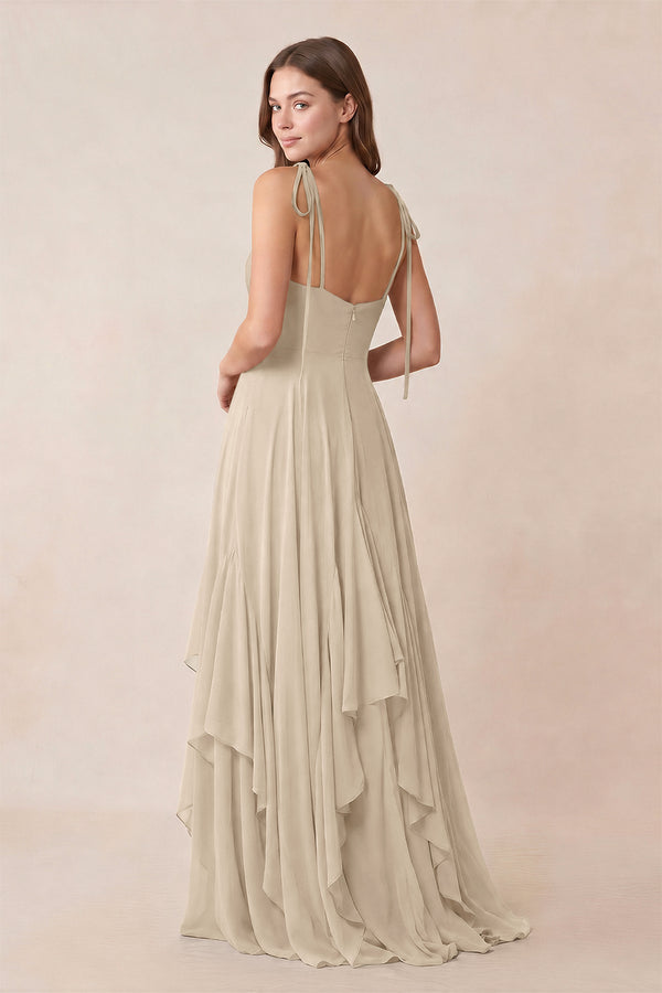 Cami Strap Ruffled A - Line Chiffon Bridesmaid Dress in Champagne - KissProm Bridesmaid Dresses