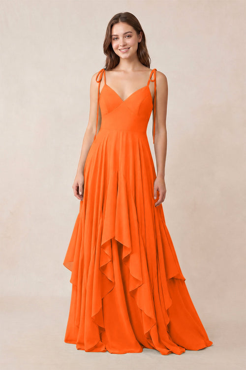 Cami Strap Ruffled A - Line Chiffon Bridesmaid Dress in Cinnamon - KissProm Bridesmaid Dresses