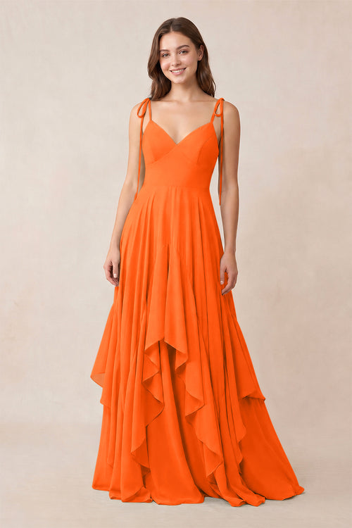 Cami Strap Ruffled A - Line Chiffon Bridesmaid Dress in Cinnamon - KissProm Bridesmaid Dresses
