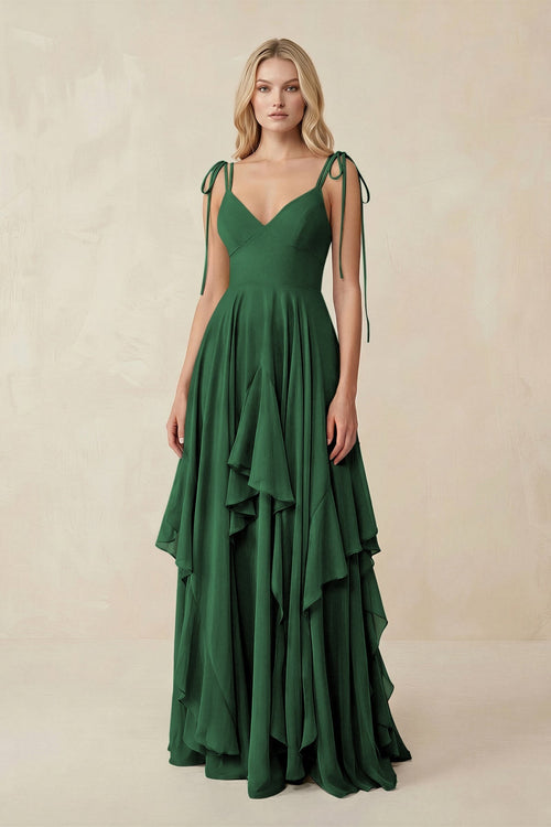 KissProm | Ruffled Chiffon A-Line Cami Strap Bridesmaid Gown in Dark Green