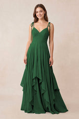 Cami Strap Ruffled A - Line Chiffon Bridesmaid Dress in Dark Green - KissProm Bridesmaid Dresses