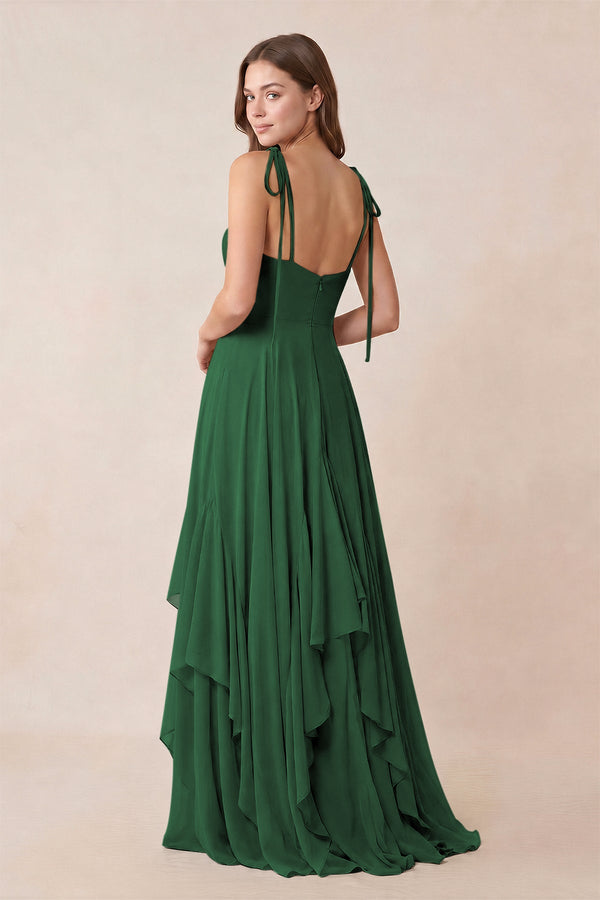 Cami Strap Ruffled A - Line Chiffon Bridesmaid Dress in Dark Green - KissProm Bridesmaid Dresses