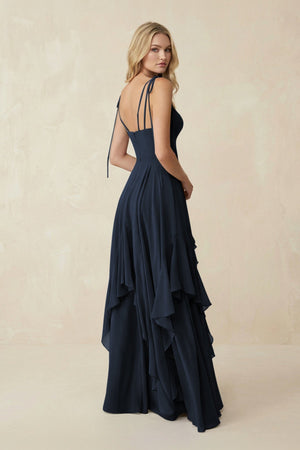 Cami Strap Ruffled A - Line Chiffon Bridesmaid Dress in Dark Navy - KissProm Bridesmaid Dresses